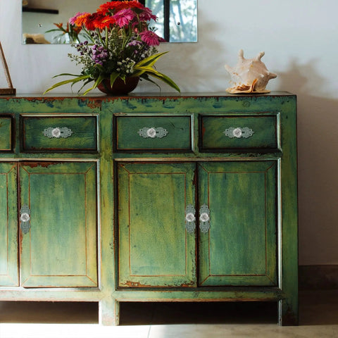 Matte green cabinet with 2 Pack Vintage Cabinet Knob Set with Distressed Pewter Finish and Clear Resin Knob installed.