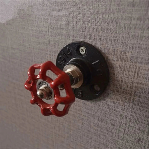 Retro iron door pull handle with red valve style, mounted on wall, industrial look, perfect for doors, cabinets, kitchen, wardrobes.