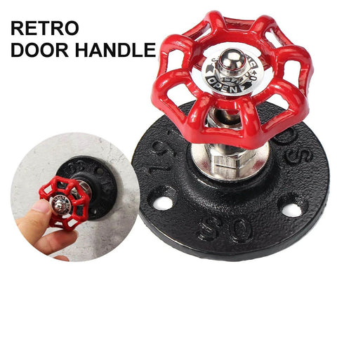 Close-up of retro iron door pull handle in red, industrial style, black plate, for doors cabinets drawers kitchen wardrobe.