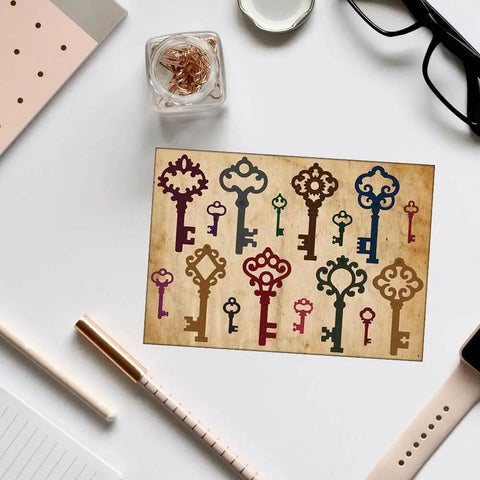 Retro Keys Cutting Dies Set For Scrapbooking And Card Making, Delorigin 16pcs on desk with vintage key designs
