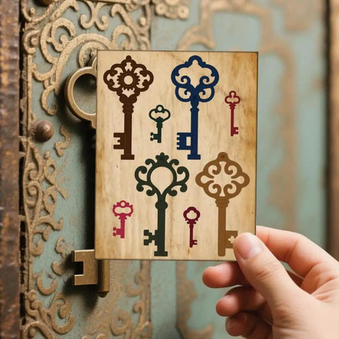 Person holding a card showing Retro Keys Cutting Dies Set For Scrapbooking And Card Making, Delorigin 16pcs Must Have Vintage Carbon Steel Die Cuts.