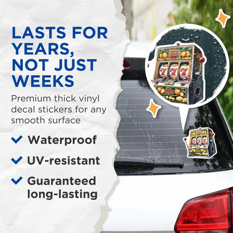 Dope Two Pack Retro Slot Machine Stickers With Vintage Casino Vibe, Lucky Slot 777 Theme on car window showing waterproof feature.