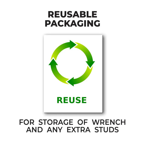 Reusable packaging for Half Inch Steel Tip Black Football Studs 14 Pack With Wrench, featuring recycle symbol for storage use.