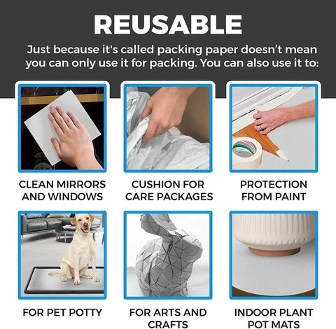 Different uses for packing paper including cleaning, cushioning, paint protection, pet potty, crafts, and pot mats.