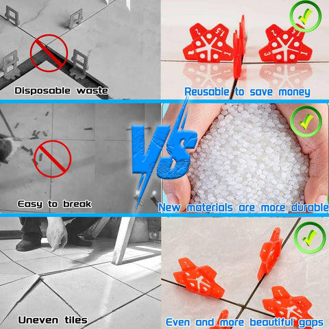 Comparison of disposable tile spacers with Reusable Tile Spacers 300 Pcs Five Size In One Horseshoe U Shape Plastic Shims.