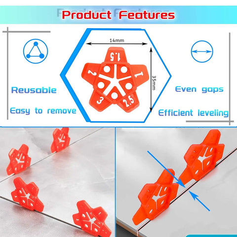 Reusable Tile Spacers 300 Pcs Five Size In One Horseshoe U Shape Plastic Shims showing dimensions and installation on tiles.