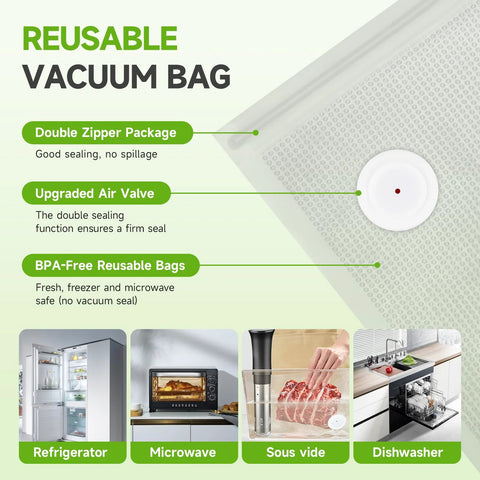 Vixino vacuum sealer bags, BPA-free reusable food bags; for sous vide; icons show fridge, microwave, dishwasher.