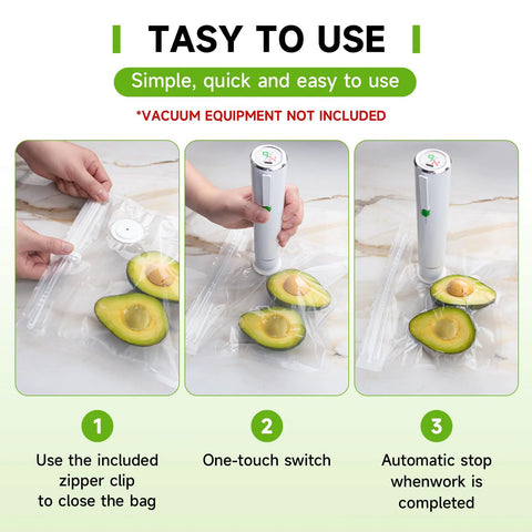 Vixino food vacuum sealer bag; avocado halves inside a clear bag with zipper clip seal and handheld sealer.