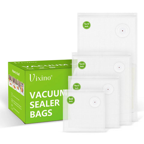 Vixino vacuum sealer bags set, 40 BPA-free bags in sizes 8x8, 10x11, 12x13, 12x19, in green box.