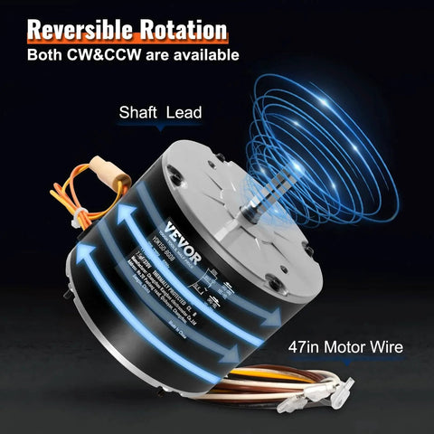 Condenser Fan Motor, 1/5HP, 825RPM, Replacement for ac GE Genteq Carrier Bryant Payne Dayton, 5KCP39GFS166S, 3S003, Reversible Rotating + Capacitor, showing reversible rotation arrows and 47in motor wire.