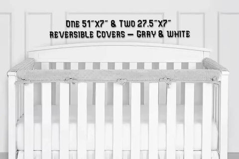 Reversible Gray And White Rail Cover Set With Soft Minky Dot Teething Guard One 51x7 And Two 27 By 7 Covers on crib rails.
