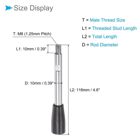 Size diagram of Revolving Crank Clamping Handle With M8 Thread, 116mm Overall Length, showing rod diameter and threaded stud length.