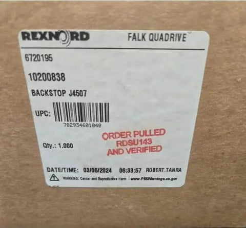 Shipping label for Workhorse Backstop J4507 For Mechanical Power Transmission And Industrial Automation, Rexnord Falk.