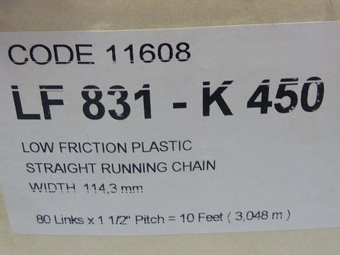 Label of Flat Top Conveyor Chain 10ft Brown 114mm Wide Rexnord LF831-K450 Industrial Grade Durable Heavy Duty Link in packaging.