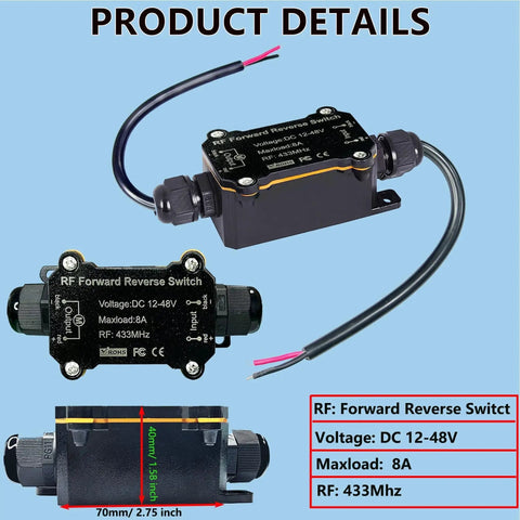 Weatherproof Wireless DC Remote Switch for 12 to 48 volt doors and shutters showing forward and reverse switch details