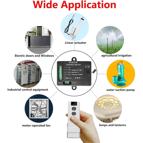RF motor control switch for 7–48V DC motors with handheld remote and green terminal blocks
