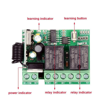 Wireless RF Remote Control Switch For DC Motors 12V 24V 36V Latched Model circuit board with learning indicators and buttons
