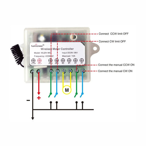 Wireless RF Remote Control Switch For DC Motors 12V 24V 36V with wiring diagram and label details for installation
