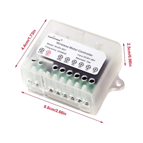 Wireless RF Remote Control Switch for DC Motors 12V 24V 36V Latched model, compact module with clear casing and labeled terminals