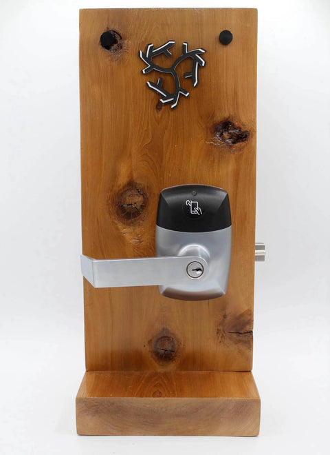 RFID Commercial Lever Door Lock With App Access Control And Includes 2 NFC Keycards Left Hand mounted on wood display