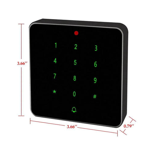 Front view of 13.56MHZ RFID Door Access Control with Keypad, waterproof aluminum frame, dimensions 3.66 x 3.66 x 0.79 inches.