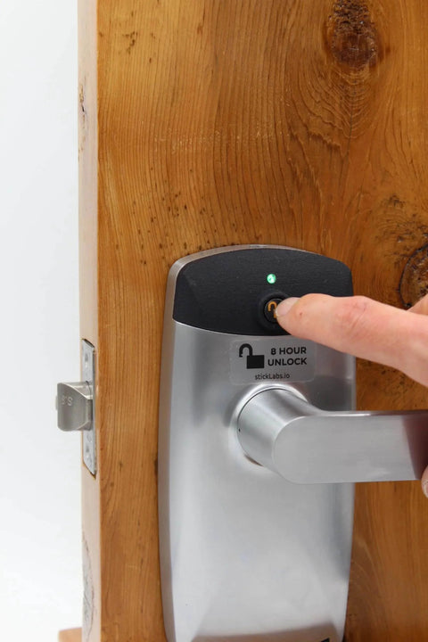RFID Commercial Lever Door Lock With App Access Control And Includes 2 NFC Keycards Left Hand, installed on wooden door close-up.