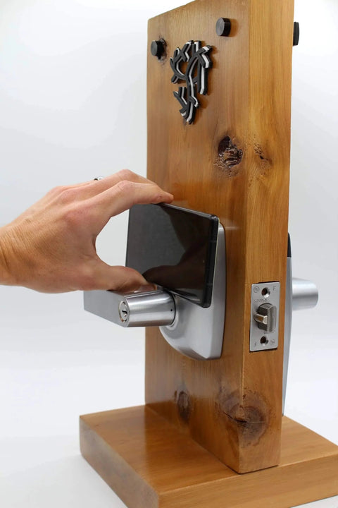 RFID Commercial Lever Door Lock With App Access Control And Includes 2 NFC Keycards Left Hand shown with phone unlocking