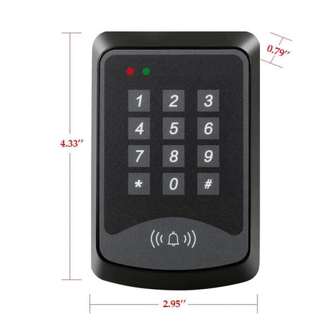 Front view of 125KHz RFID Keypad Panel for Door Access Control with dimensions, 1000 user capacity, fire-resistant ABS material.