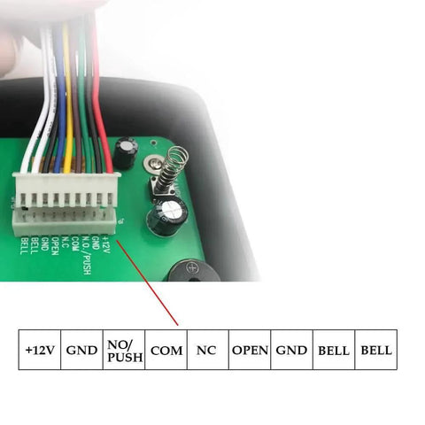 Wiring detail of 125KHz RFID Keypad Panel for door access control with 1000 user capacity and 10 keyfobs fire resistant ABS offline setup