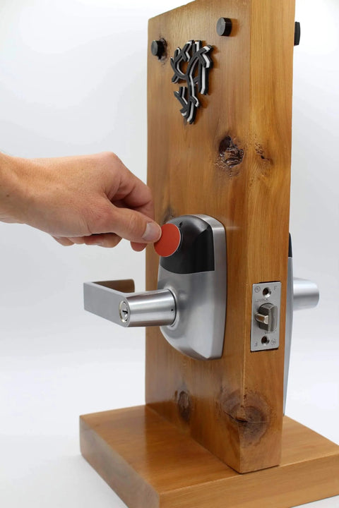Hand unlocking RFID Commercial Lever Door Lock With App Access Control And Includes 2 NFC Keycards Left Hand on wooden mount