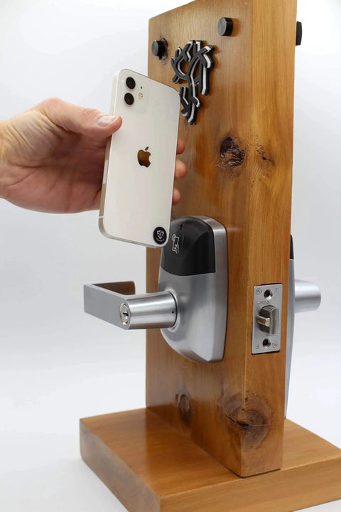 Demonstration of RFID Commercial Lever Door Lock With App Access Control And Includes 2 NFC Keycards Left Hand being unlocked with smartphone