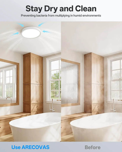 Bathroom with installed exhaust fan, showing air circulation effect. Bathroom Exhaust Fan With Dope RGB Lights 110 CFM Quiet 1 Sone Remote Control 3 Color Temperatures And 5 Brightness Levels Easy Install For Bath Shower And Attic Ventilation.