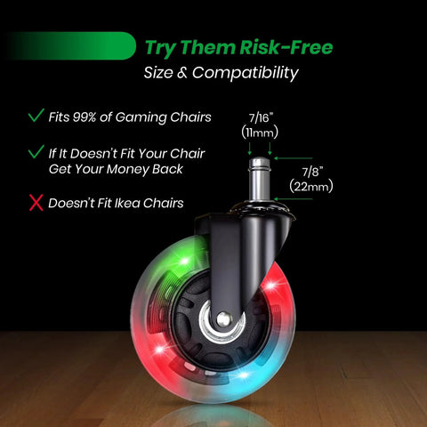 3 Inch Heavy Duty Chair Wheels Replacement Set of 5 With RGB Motion Activated Lighting For Desk Chairs on display