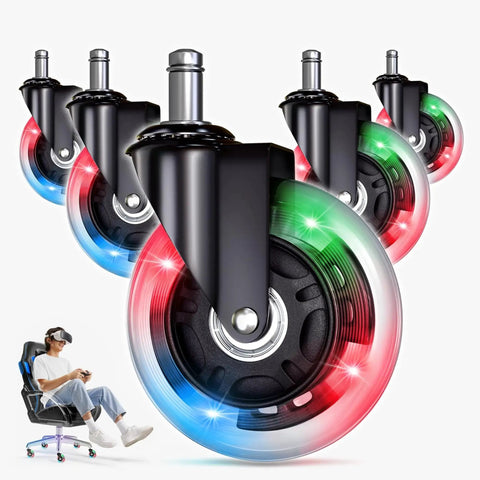 3 Inch Heavy Duty Chair Wheels Replacement Set of 5 With RGB Motion Activated Lighting for Desk Chairs shown installed.