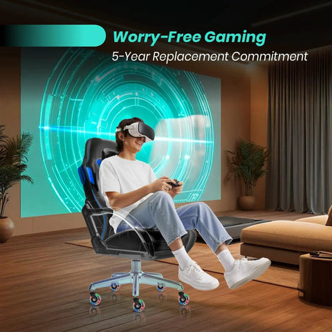 Person using VR headset on chair with 3 Inch Heavy Duty Chair Wheels Replacement Set of 5 With RGB Motion Activated Lighting For Desk Chairs