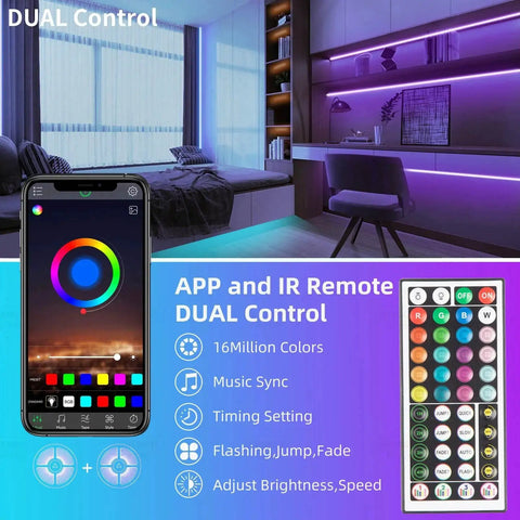 100ft RGB LED Strip Lights With Music Sync And App Control shown in bedroom setup, highlighting mobile app and IR remote features.