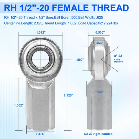 Diagram of economy adjustable heim joint rod end kit with right hand 1/2-20 thread and 1/2 inch bore, dimensions labeled.