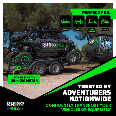 Heavy Duty Wheel Chock Tie Down Kit With 4500 Pound Break Strength Includes 2 Wheel Chocks And 4 Ratchet Straps For E Track System For ATV UTV Lawn Mower And Trailer Green Rhino USA displayed used with UTV on a trailer