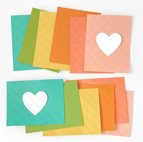 Colorful card samples with heart cut-outs using Rhombus Stripes Christmas Background Die Set For Card Making, 2 Piece Metal Cutting Dies.