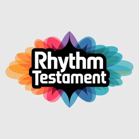 Colorful abstract design with 'Rhythm Testament' text on a grey background