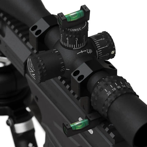 Close-up of Scope Mounting Bubble Level Kit With Magnetic Bubble Levels And Turret Gun Clamp Level For Pro Grade Rifle Optics Alignment, Aircraft Grade Aluminum With Hardcoat Anodization, Durable Bubble Vials, Protective Foam Carrier installed on a rifle scope