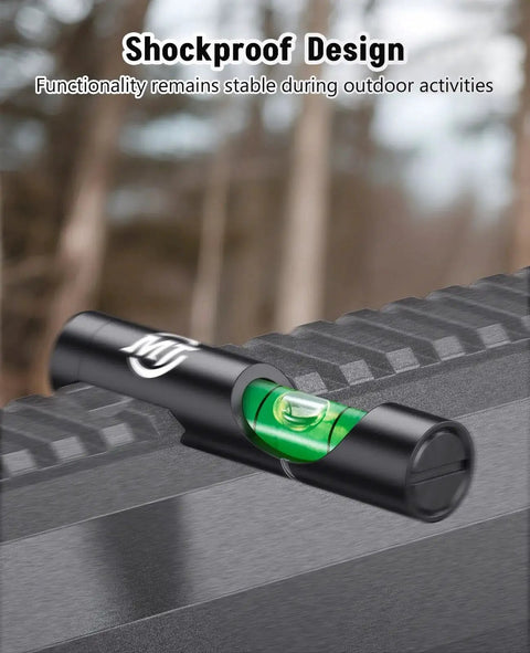 Close-up of Rifle Scope Leveling Kit With Precision Bubble Level For Aluminum Rails Easy Install On Standard Mounts Ensures Accurate Alignment And Lock In Quick Fine Tuning High Visibility Green Bubble MidTen on rifling rail.