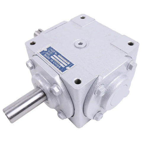 Heavy Duty 40 HP Right Angle Bevel Gearbox 1:1 1800 RPM Crosshole Keyed Shaft, front view with metal casing and shafts