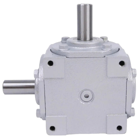 Front view of 40 HP Right Angle Bevel Gearbox With 2 Keyed Shafts CW And CW 1 To 1 1800 RPM, showing two metal shafts.