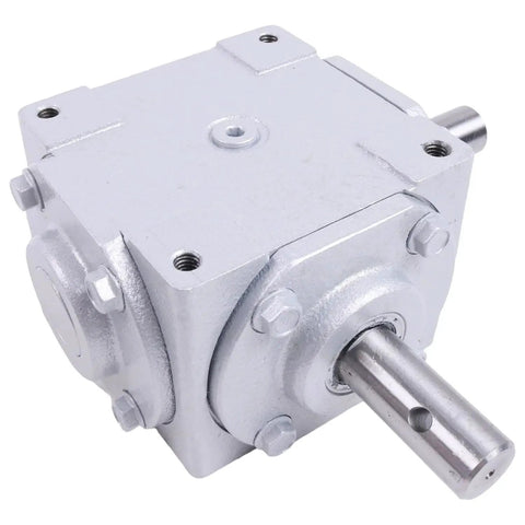 Heavy Duty 40 HP Right Angle Bevel Gearbox 1:1 1800 RPM Crosshole Keyed Shaft, silver, with visible input and output shafts