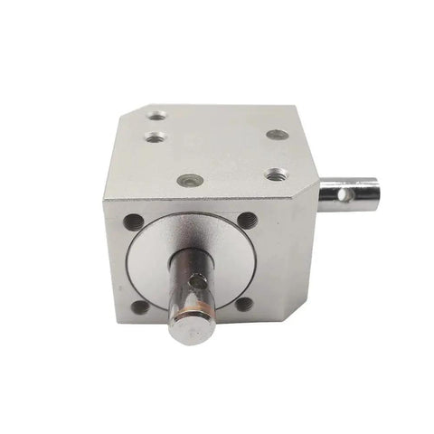 Front view of a Beefy Right Angle Bevel Gearbox 1 Module 20 Teeth 8mm Shaft 90 Degree Drive, showing metal casing and shaft.