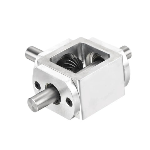 Right Angle Bevel Gearbox 1to1 20 Teeth Aluminum Frame Dual Output 10mm Shaft in aluminum casing with visible gears