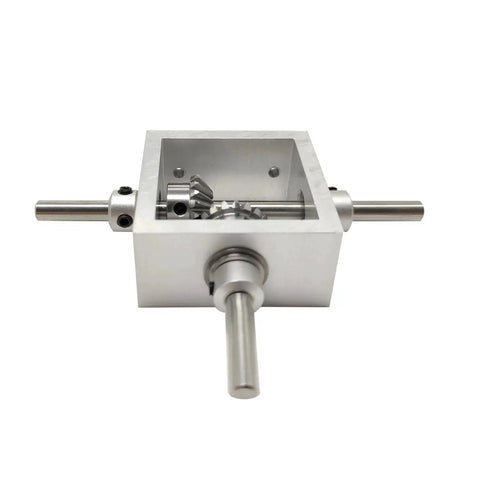 Front view of Right Angle Bevel Gearbox 1 Module 20 Teeth 90 Degree Drive For DIY Nerds with aluminum alloy housing and steel gears.