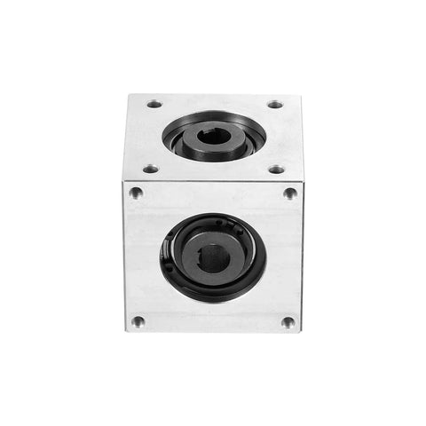 Front view of Right Angle Bevel Gearbox 1 To 1 20 Tooth Aluminum Frame 8mm Shaft showing round metal components.