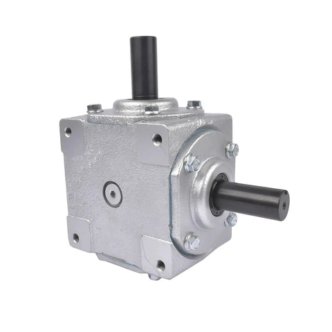Beefy 40 HP Right Angle Bevel Gearbox With 2 Keyed Shafts 1 To 1 Cast Iron, silver cast iron housing, front view
